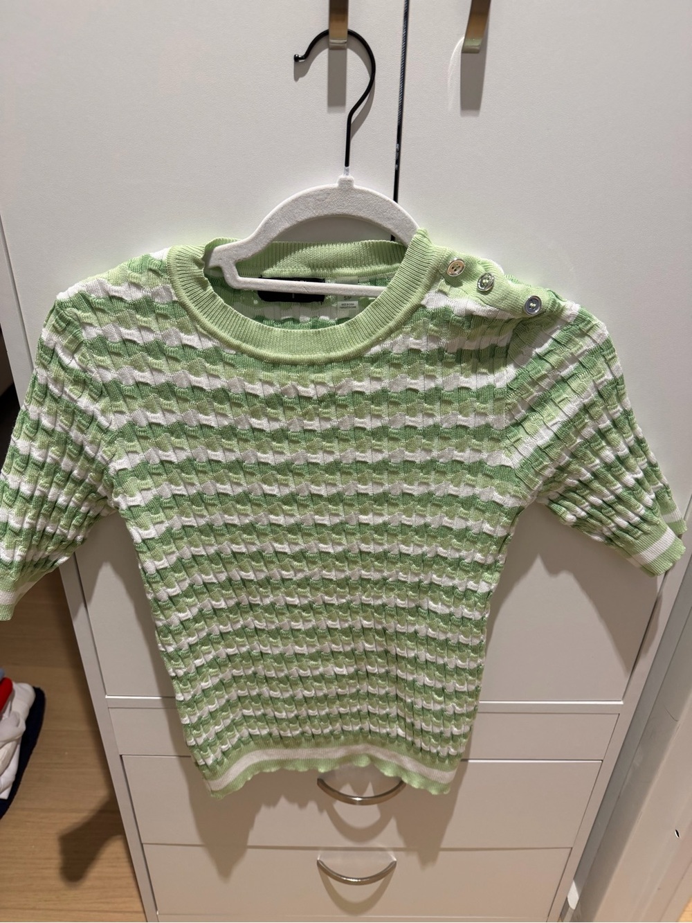 Women’s Green and White Textured Knit Top with Shoulder Buttons
